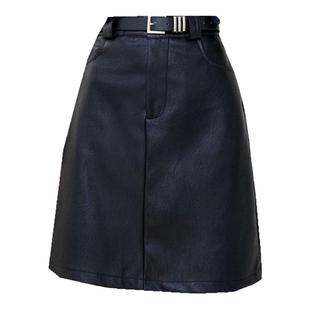 皮裙加长款中裙配腰带遮肚子腿粗A字裙大码百搭高腰显瘦PU半身裙