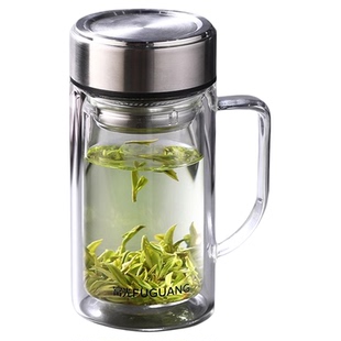 富光双层玻璃杯带把手办公室高硼硅水杯大容量家用喝水男士茶杯子