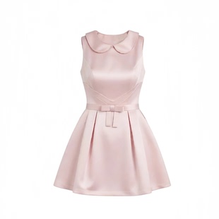 现货贵气小千金小礼裙缎面高级感连衣裙蝴蝶结娃娃领收腰生日裙女