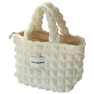 韩系ins少女心褶皱泡泡手提化妆包法式云朵泡芙简约休闲手拎小包