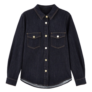 秋水伊人经典百搭磨毛牛仔衬衫女2025冬季新款复古风H型翻领上衣