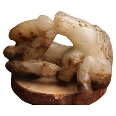 王实斋珠宝/新疆和田玉老玉古玉明代卧马太平有沁色手把玩件179