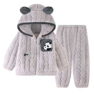 2025新款男童睡衣儿童冬季款珊瑚绒加厚三层夹棉小男孩连帽家居服