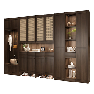 美式实木藤编鞋柜玄关柜一体加高到顶复古家用门口入户骨骼线柜子