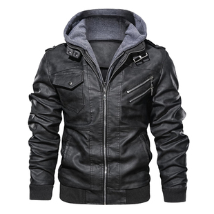 海宁皮毛一体男士皮衣加绒加厚带帽子皮外套骑行皮夹克男冬季爸爸