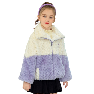 缤宝童装女童秋冬厚外套拉链翻领中长款宽松拼接加绒加厚毛毛棉衣