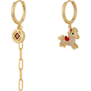 马上有钱金色小马钱币耳环女本命年小众耳钉不对称巨好看新年耳饰