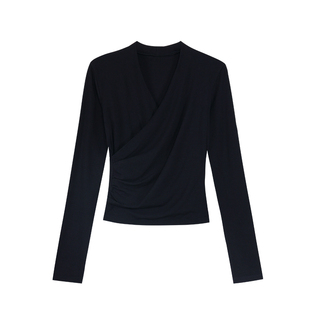 pusumede 时髦vide V领长袖T恤女缩褶修身针织衫小众设计感上衣