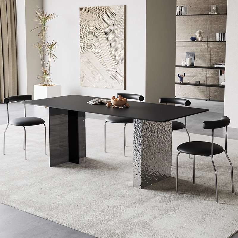 极简水波纹亚克力悬浮餐桌纯白纯黑岩板小户型家用长方形岛台桌椅