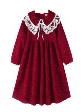 女童秋冬新年酒红蕾丝公主裙礼服