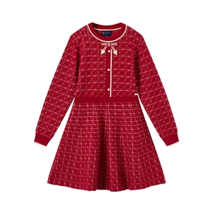 【新年款】POLOWALK女童红色长袖连衣裙2026春新品菱格提花连衣裙