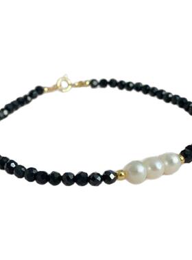 手工绕线天然淡水珍珠手链黑尖晶石蝴蝶结饰品ins风通勤手串饰品