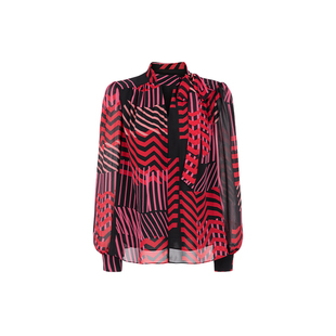 MARYLING玛俪琳秋季新品红黑艺术条纹飘带V领休闲上衣水滴领衬衫