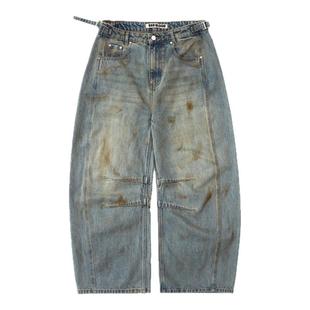 韩国badblood美式复古水洗做旧牛仔裤街头休闲脏染宽松阔腿弯刀裤