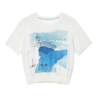 [专柜同款]Yifini/易菲薄款印花纯棉宽松短袖针织衫套头上衣女夏