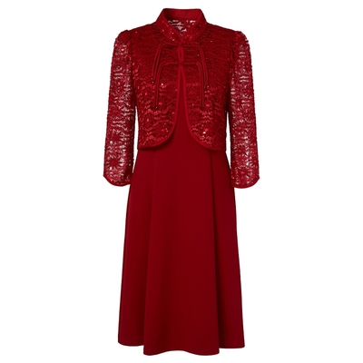 马天奴红色蕾丝开衫连衣裙套装