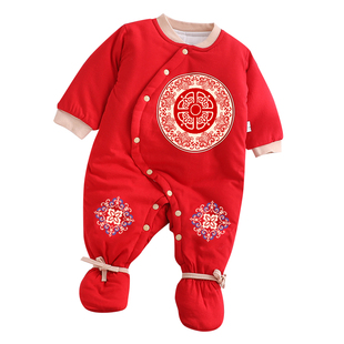 宝宝棉服红色过年夹棉外出棉衣连体婴儿棉袄女宝冬季加厚拜冬年服