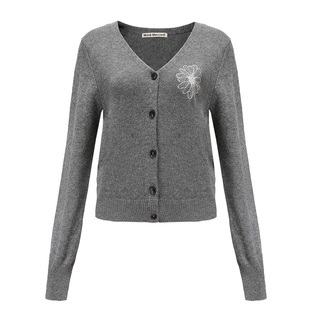 MardiMercredi小雏菊刺绣V领针织开衫绵羊毛混纺百搭气质上衣女款