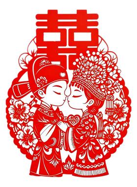 剪纸古装新人接吻喜字玻璃贴纸防水不留胶结婚大门卧室婚庆布置贴