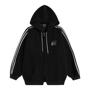 NOPASS 国潮情侣原创美式「刺绣条纹开衫卫衣」宽松运动卫裤外套