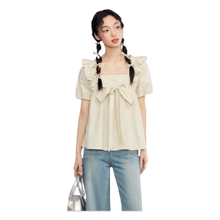 紫涵方领蝴蝶结小衫T恤女夏季新款甜美宽松显瘦简约纯棉短袖上衣