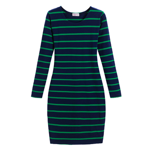 2025秋冬季新款条纹圆领长袖打底连衣裙仙女气修身棉质包臀中长款