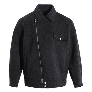 海上公路斜门襟双面呢毛呢夹克男士秋冬短款廓形高级感翻领外套