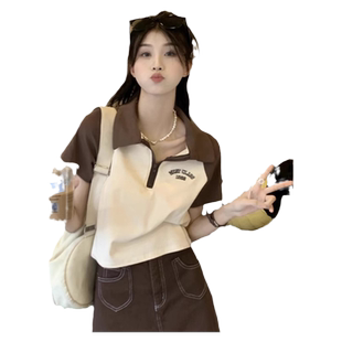 美式高街潮牌POLO领短袖T恤女夏天外穿修身短款打底小衫撞色上衣