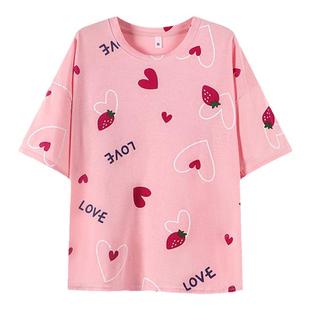 单件睡衣女夏款短袖纯棉薄款套头圆领全棉T恤上衣女宽松大码200斤