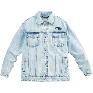 GUUKA浅蓝色牛仔夹克男春季新款 陈立农同款美式复古工装外套宽松