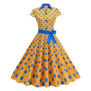 原创港风怀旧赫本气质复古派对舞蹈表演出服收腰大摆波点连衣裙夏