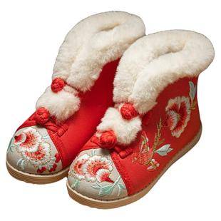 汉服鞋子女童冬季加绒绣花鞋棉鞋短靴老北京手工布鞋儿童拜年棉鞋