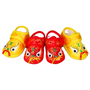 新生儿丝绸缎老虎头鞋百天满月鞋防滑学步鞋软底缎子鞋眉眼鞋婴儿