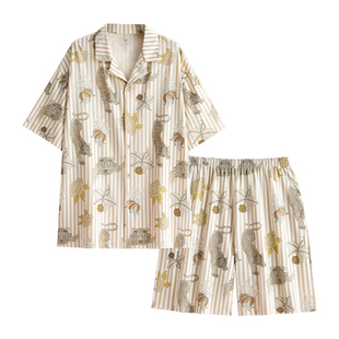 悦内睡衣男士夏季夏天纯棉短袖短裤家居服男款休闲时尚薄款老钱风