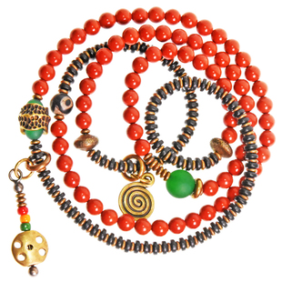 非鱼之家原创红石手链多层配檀木设计民族风复古文艺手串项链双用