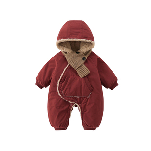 婴儿连体衣冬季男宝宝衣服红色喜庆小月龄外出抱抱服加厚拜年服冬