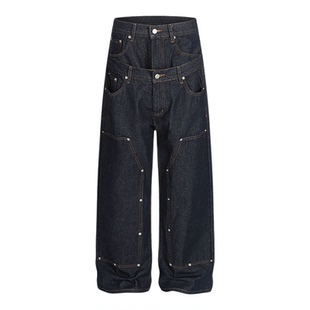 EVC*原牛双腰头铆钉伐木baggy阔腿牛仔裤复古宽松裤子高街男女潮