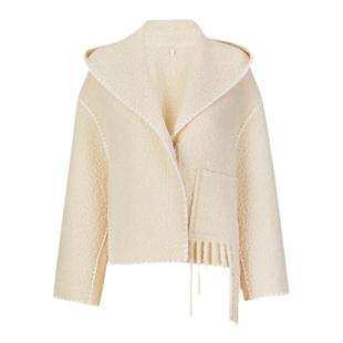 【deepmoss】冬季洋气休闲气质时尚毛呢流苏通勤翻领连帽外套女士