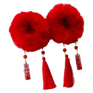 宝宝过年新年头饰女童2026儿童汉服古风红色毛绒发圈女孩流苏发饰