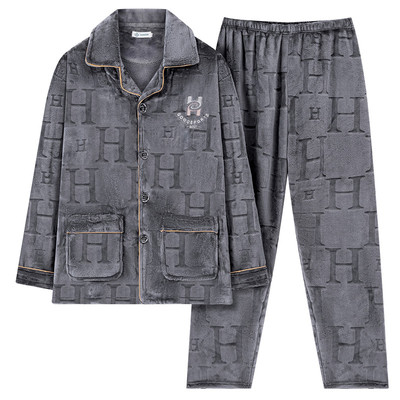 秋冬睡衣男士珊瑚绒青年加大码加厚保暖中老年爸爸提花法兰绒套装