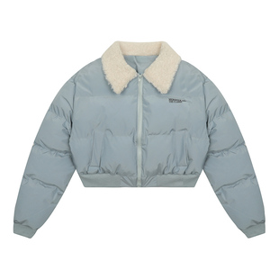 CLP蓝杏色仿羊羔毛翻领棉服棉衣外套男女宽松超短辣弟加厚面包服