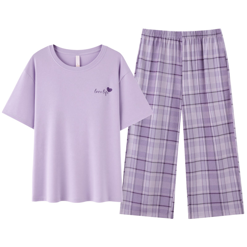 卡绚夏季纯棉女款睡衣薄款短袖七分裤宽松休闲可外穿家居服套装