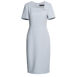 罗衣时尚方领修身连衣裙女夏季气质通勤简约浅蓝色短袖裙子11828