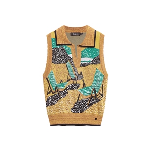 Desigual26春夏新品沙滩插画提花POLO领女式针织背心