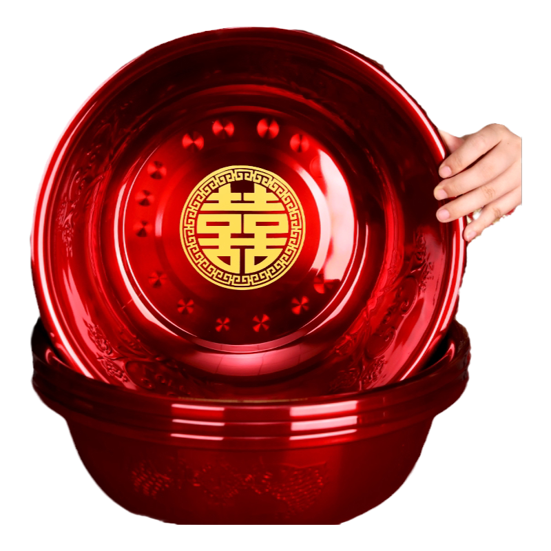 结婚礼喜盆一对红色脸盆女方陪嫁用品套装婚庆嫁妆洗脸红盆聚宝盆