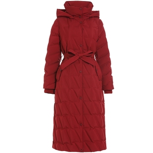 JESSIE红色90鹅绒连帽羽绒服女系带收腰保暖长款外套2025年冬新款