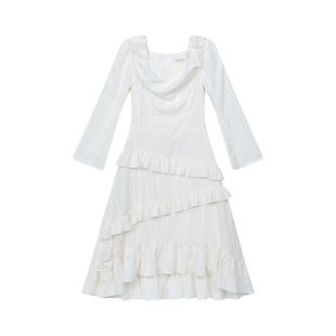 whiteiswhite 白色长袖连衣裙喇叭袖显瘦气质长裙女秋2025新款