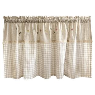 文艺小清新亚麻刺绣小花卉格子半帘柜门帘隔断成品帘免打孔