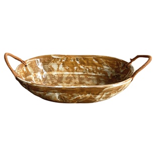 高级感石头纹碗绑绳复古碗日式粗陶碗椭圆菜碗餐具家用面碗餐厅碗