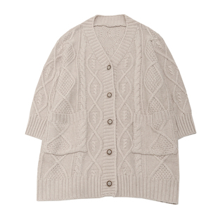 KNgs 秋冬复古奶奶风宽松麻花纯色加厚中长款v领毛衣开衫外套女